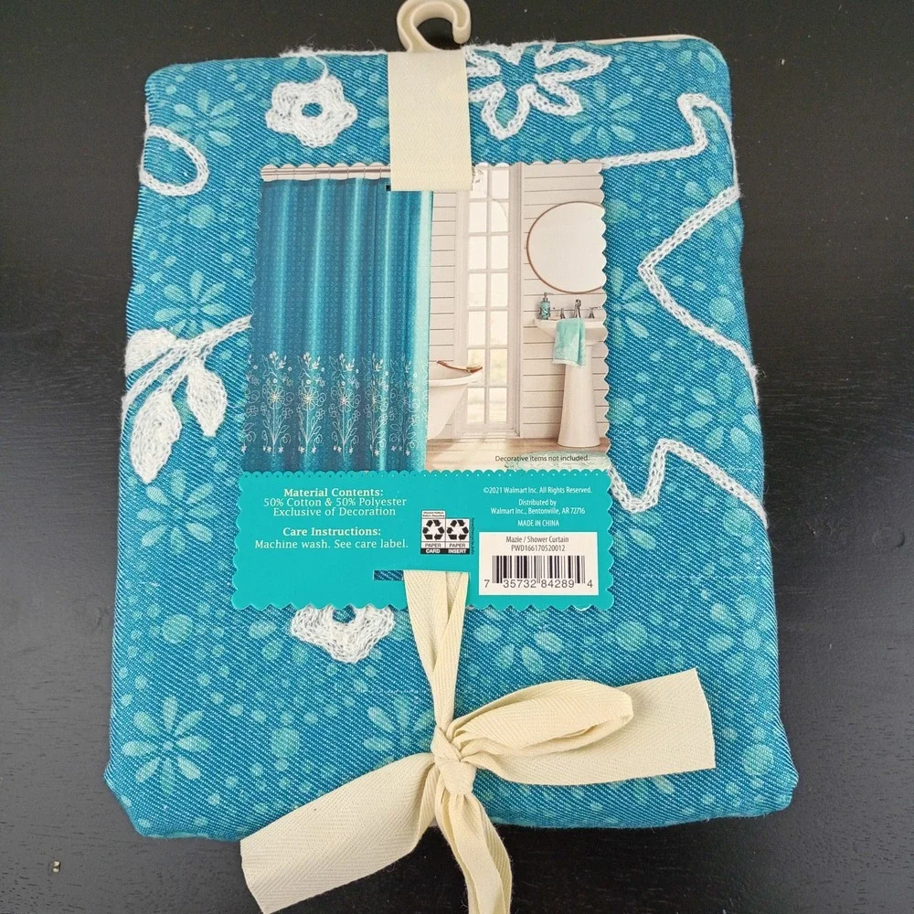 NEW The Pioneer Woman Mazie Shower Curtain Teal Blue Floral Embroidered 72x72